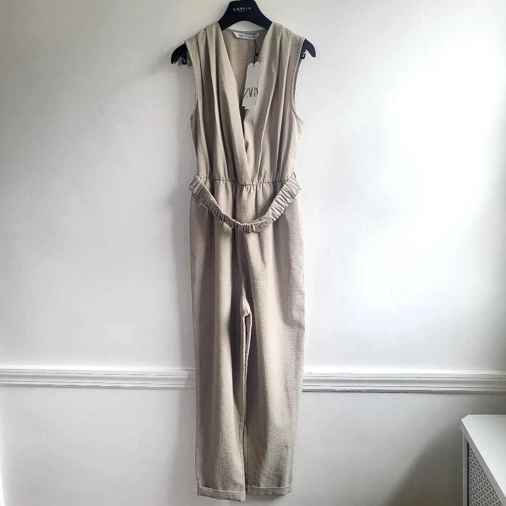 New Zara Textured Linen Blend V-Neck Sleeveless Belted Tan Jumpsuit NWT Small